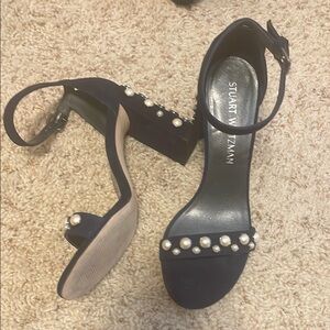 Stuart Weitzman Navy Heeled Sandals with Pearl Embellishments
